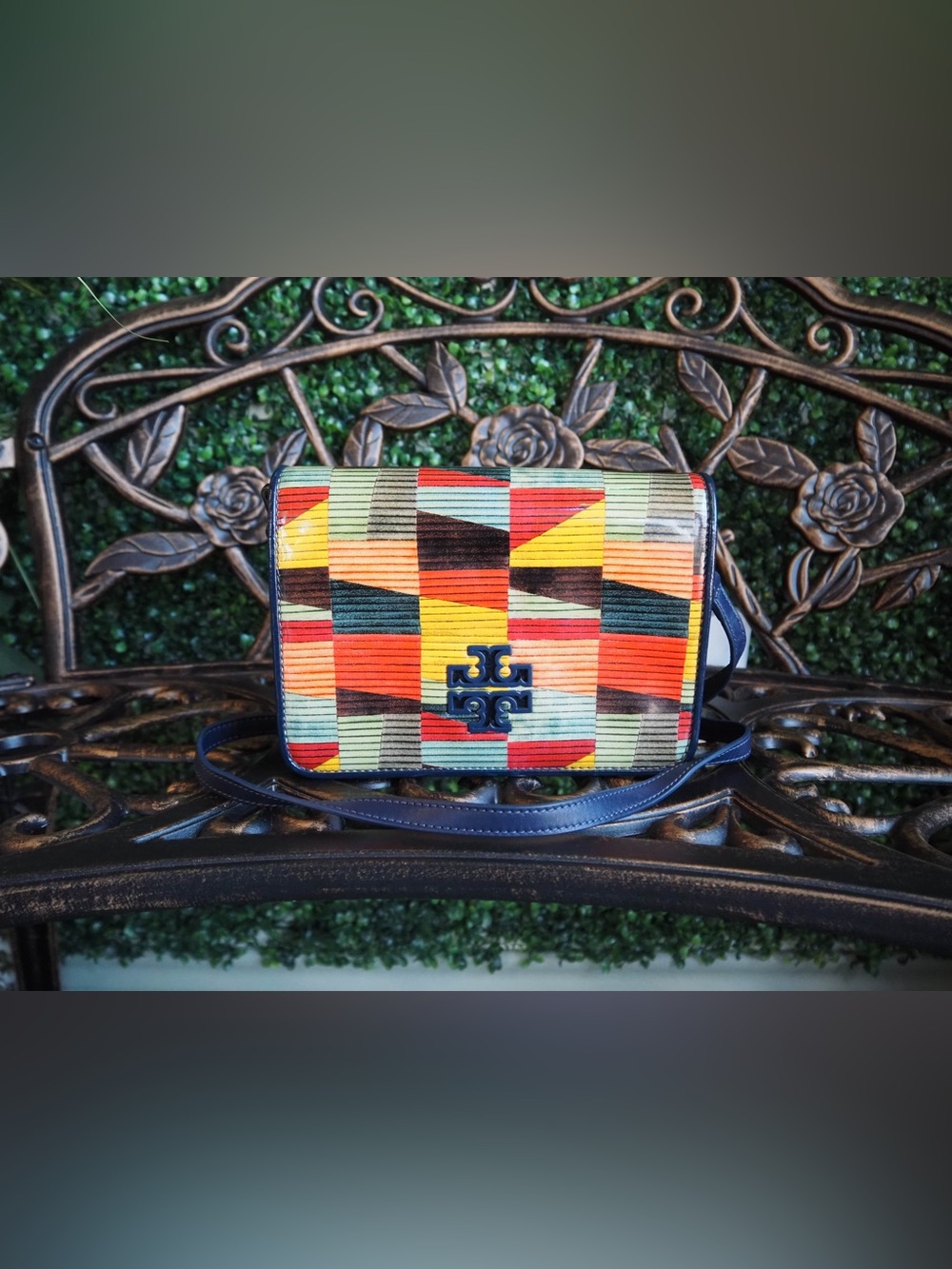 Tory Burch Multicolor Geometric Crossbody with Navy Trim
